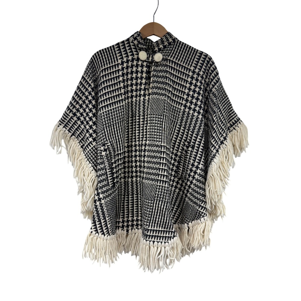 VTG Handmade Houndstooth Fringe Poncho Black White Glen Plaid Button Cape O/S